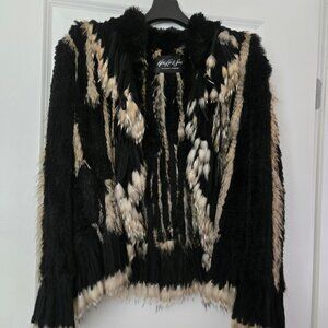 Black Knit Rabbit with Fox Fringe Jacket